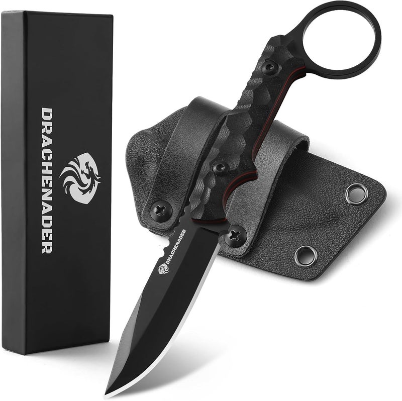 DRACHENADER EDC Fixed Blade Knife with Sheath 7.08" Small Horizontal Carry Knifes with Kydex Sheath, Full Tang 5Cr13MoV Stainless Steel, Black, Neck Knife, Men Gifts - Image 1